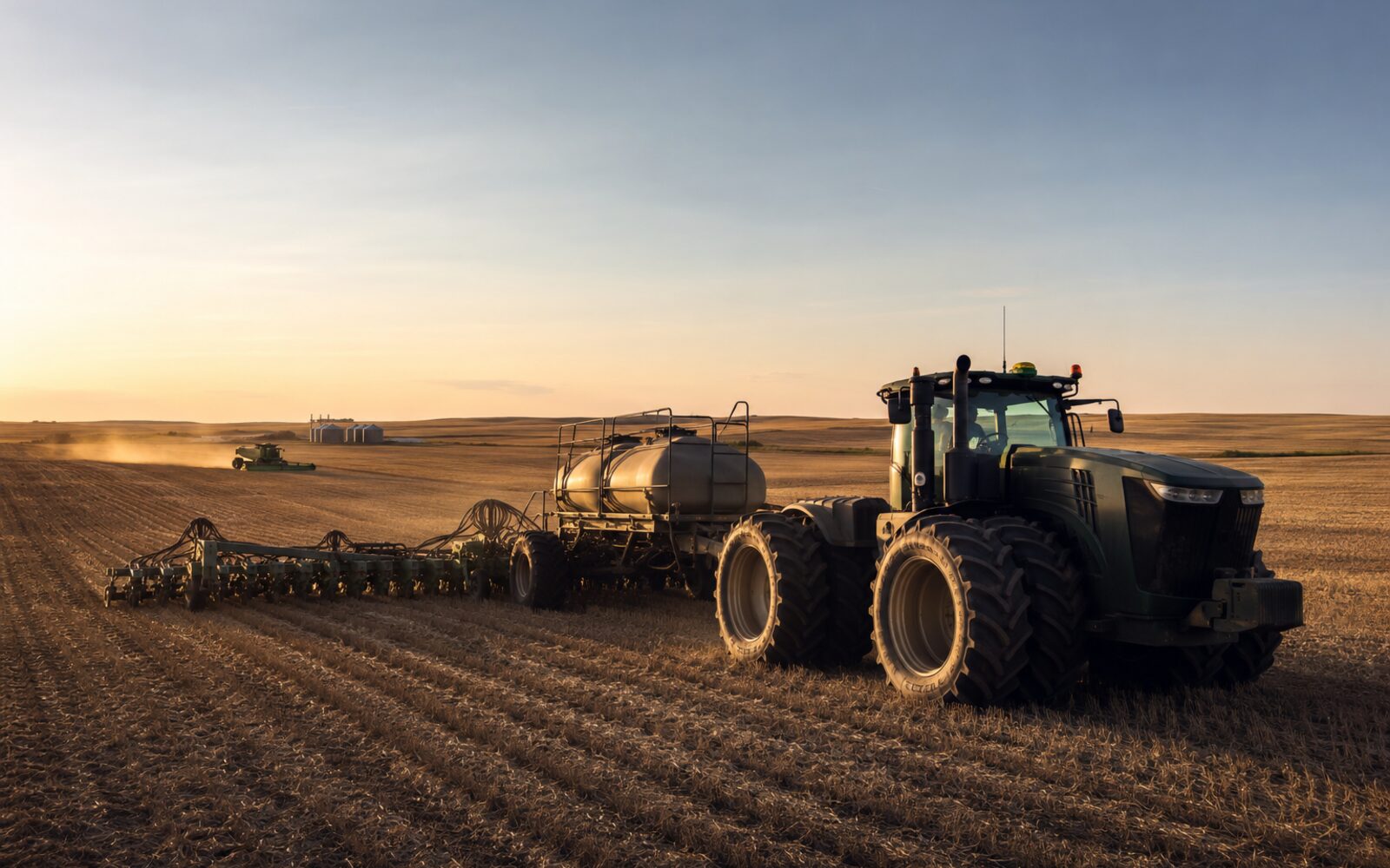 Modern tractor and agricultural equipment working on a Canadian grain farm