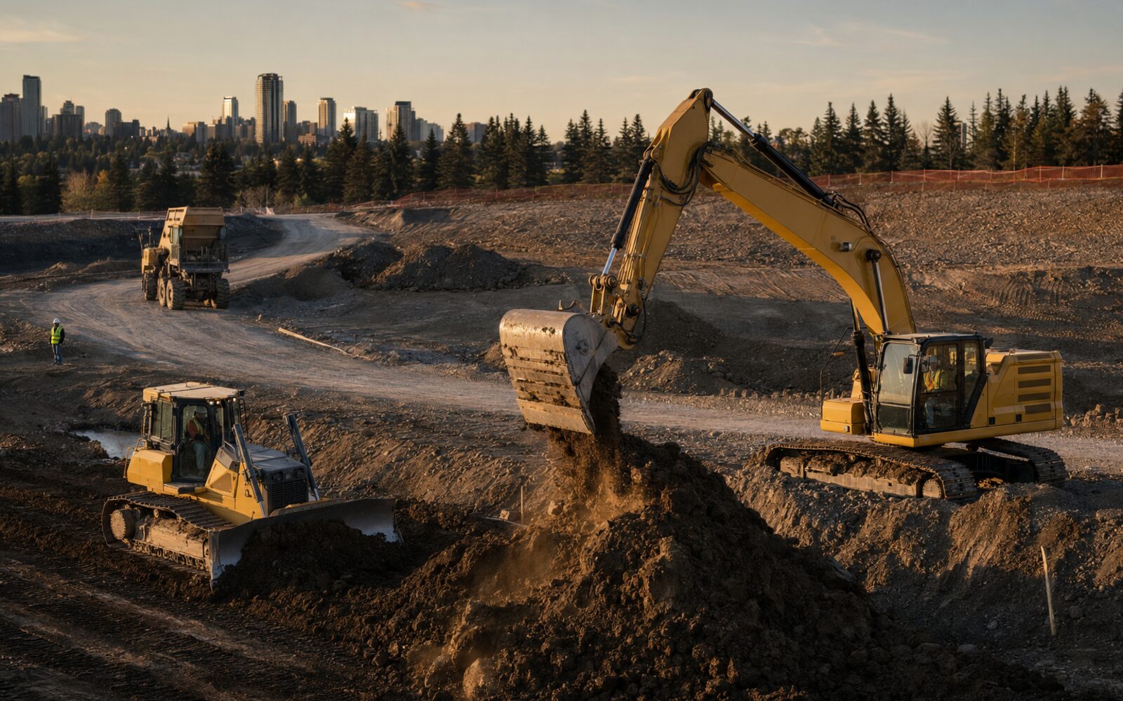 Excavator and earthmoving equipment working on a commercial construction site