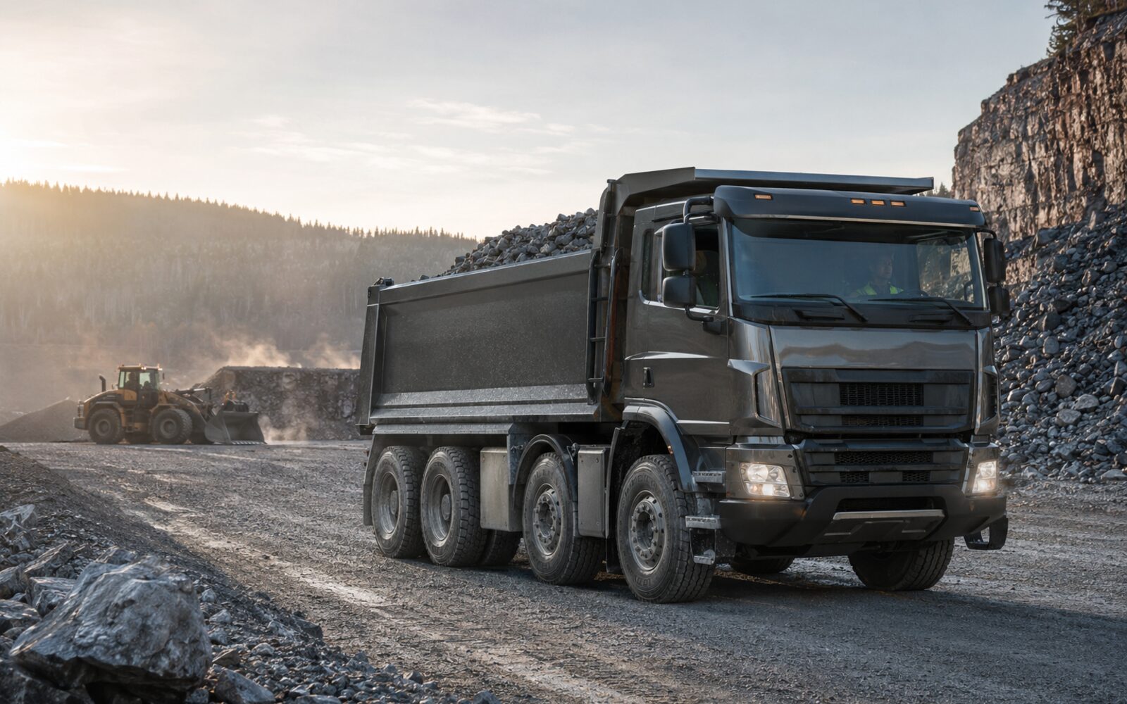 Commercial tri-axle dump truck working at an aggregate site