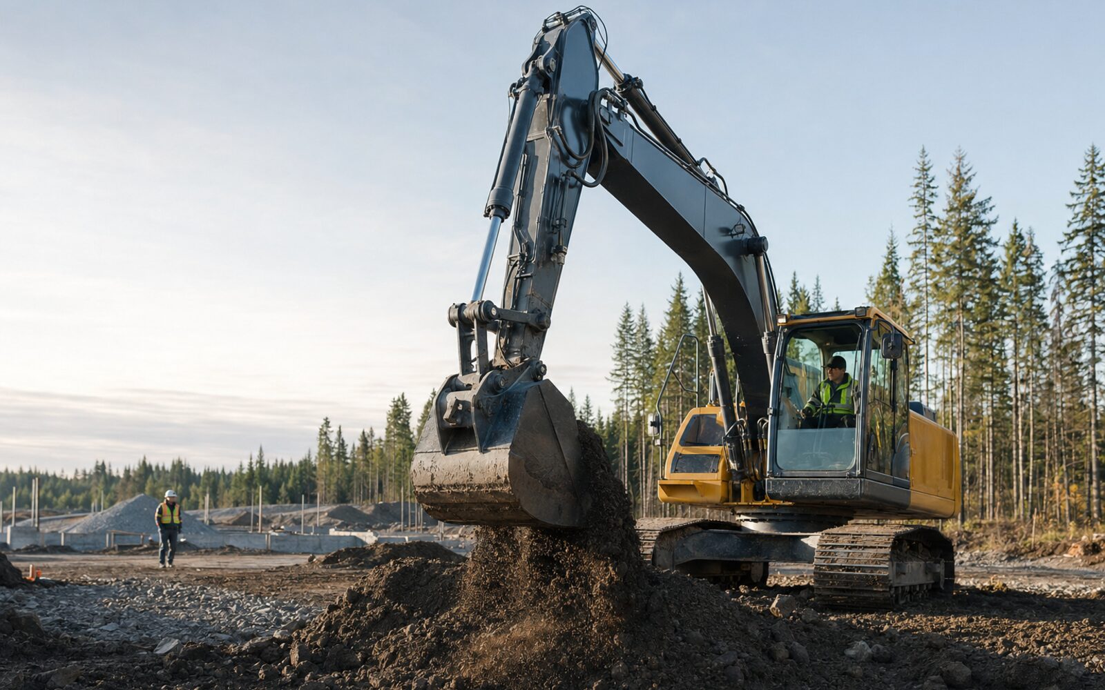 Full-size excavator working on a Canadian commercial construction site