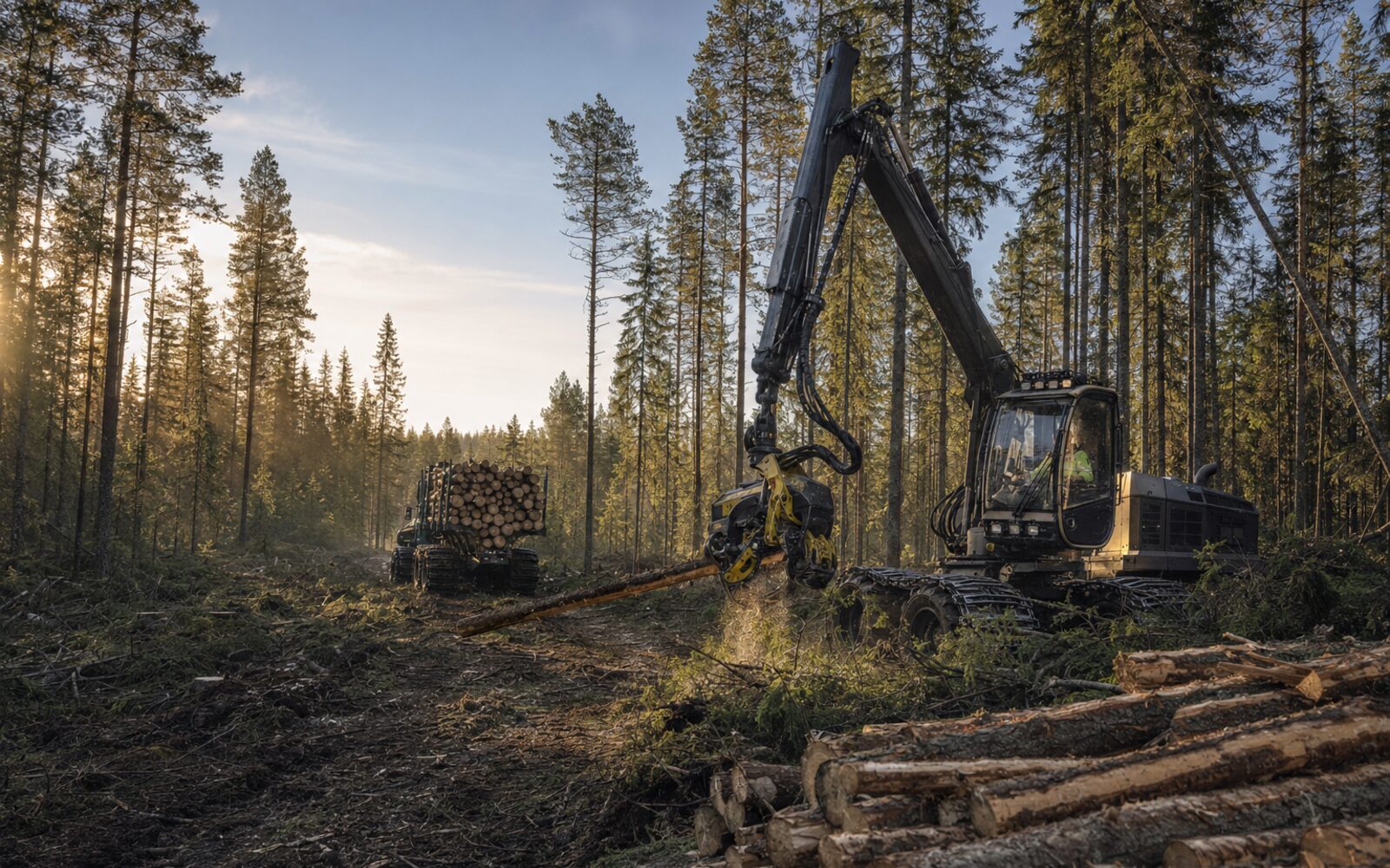Forestry harvester and forwarder working in a managed Canadian forest