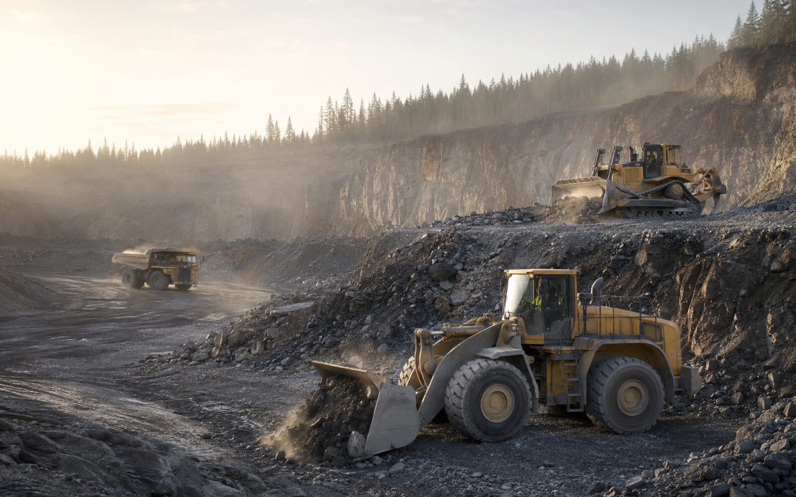 Mixed heavy equipment fleet at a commercial worksite