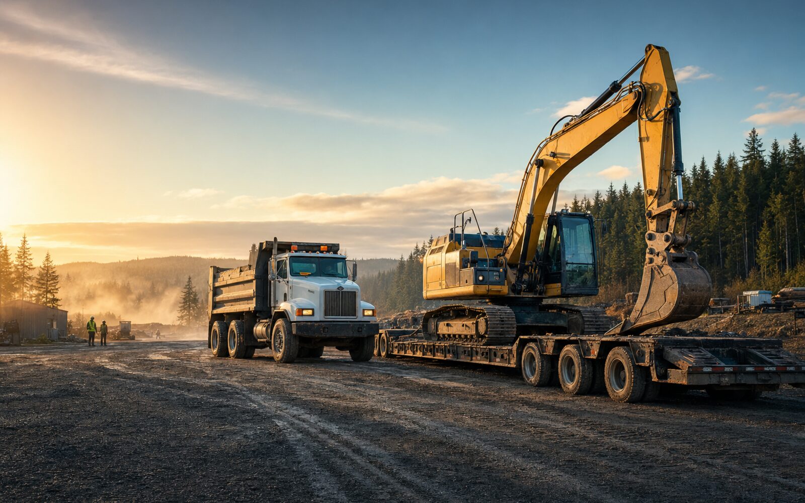 Commercial equipment fleet with excavator, vocational truck and trailer