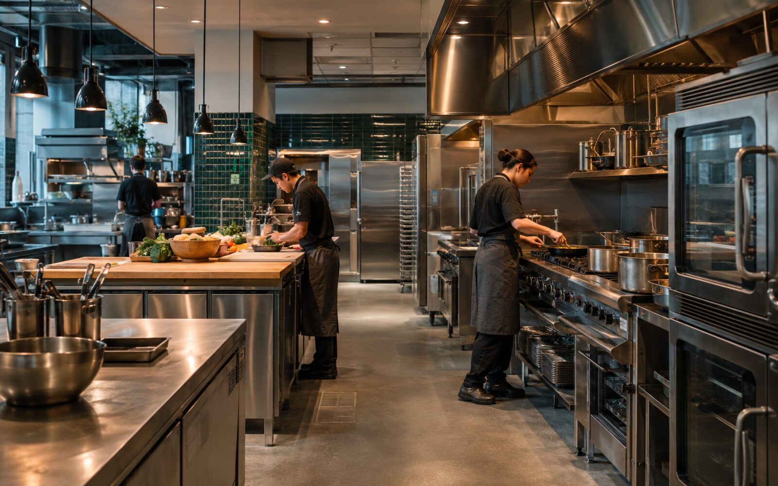 Professional commercial kitchen with ovens, refrigeration and food-service equipment