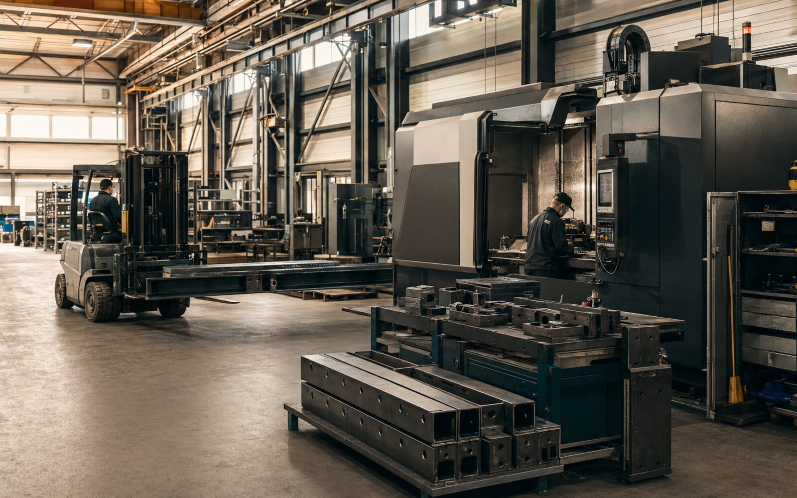 Clean metal fabrication facility with CNC machinery and material-handling equipment