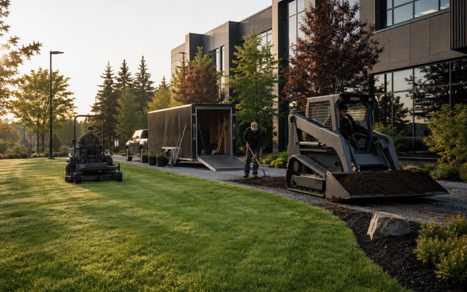 Professional landscaping crew using compact equipment on a commercial property