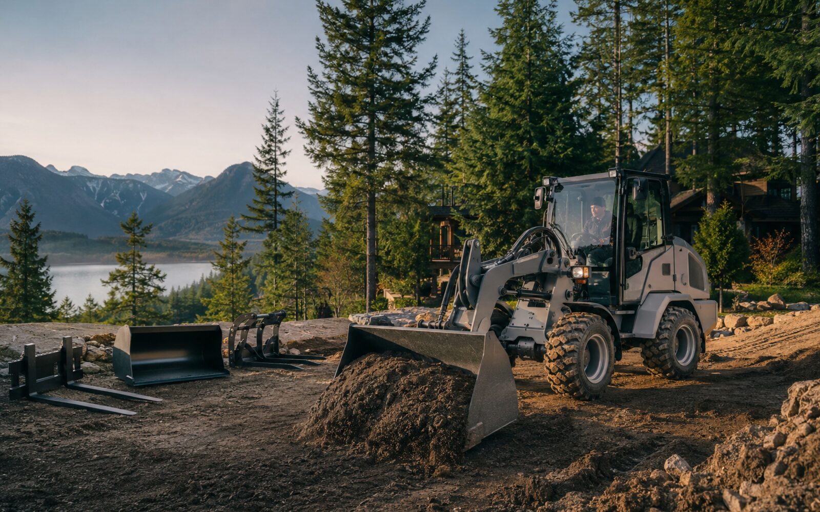 Compact loader and attachments working on a commercial property project