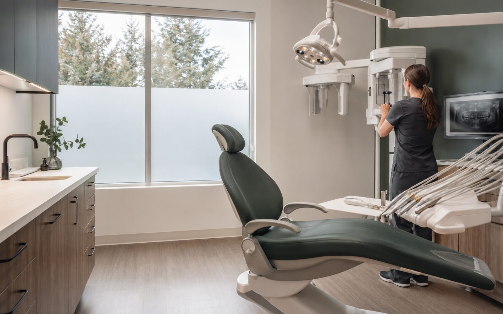Modern dental treatment room with chair, imaging and sterilization equipment