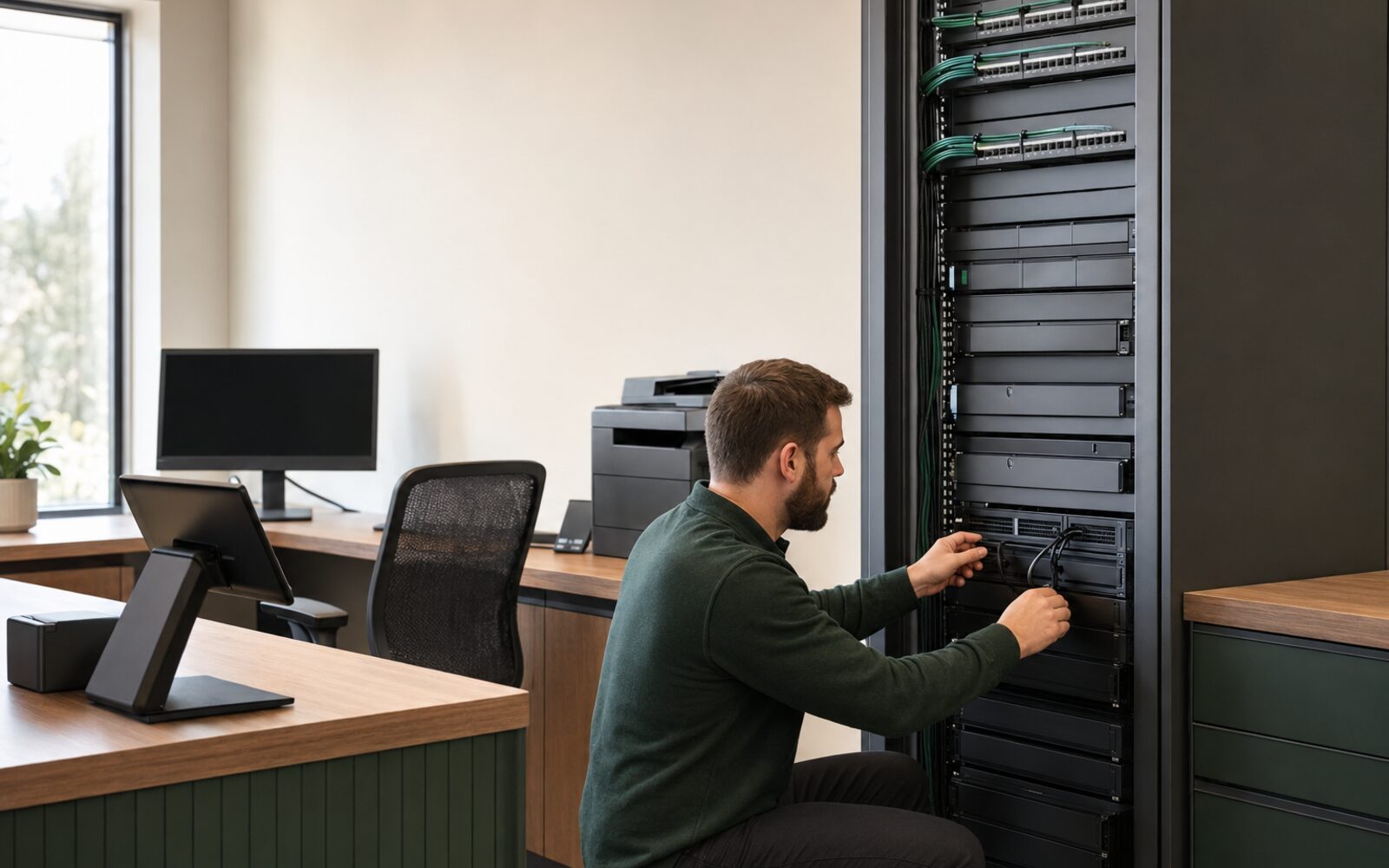 Professional business technology installation with servers, networking and office systems