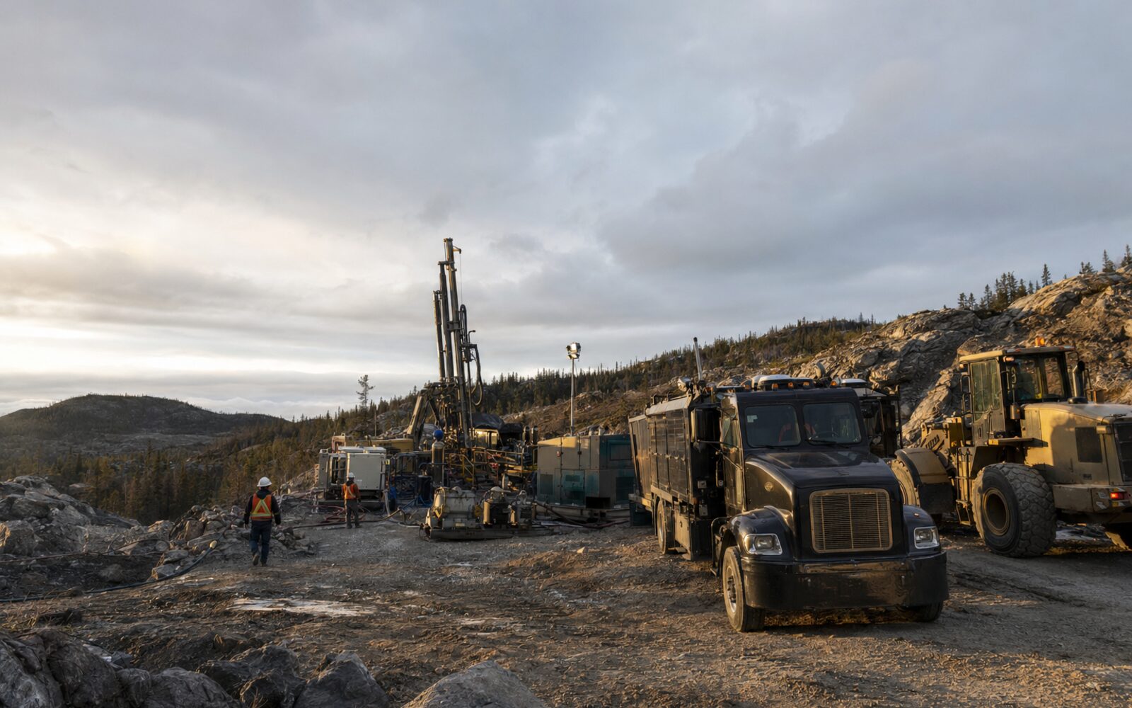 Heavy vocational support equipment working at a remote Canadian resource site