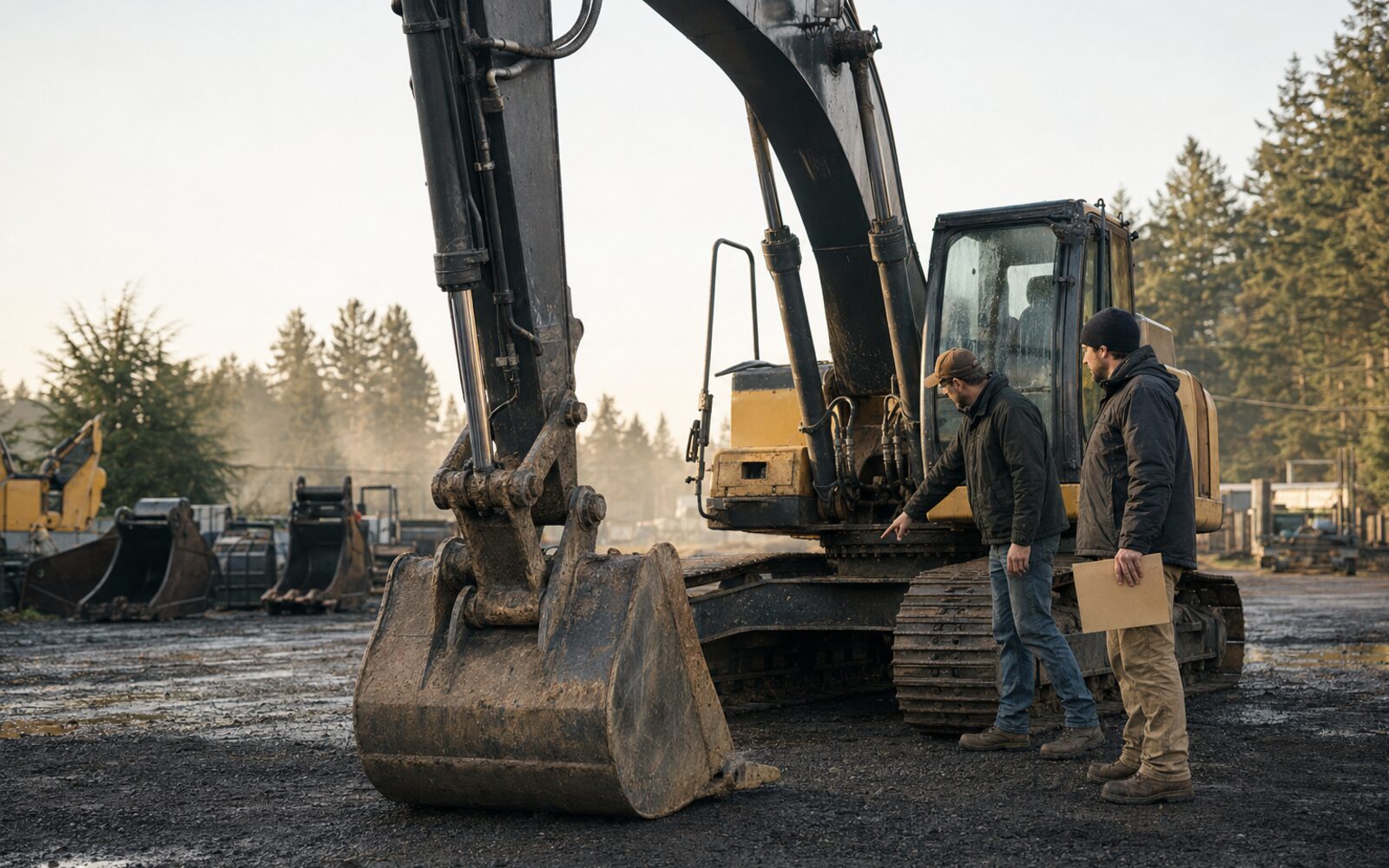 Buyer and seller reviewing a commercial machine and transaction paperwork in an equipment yard
