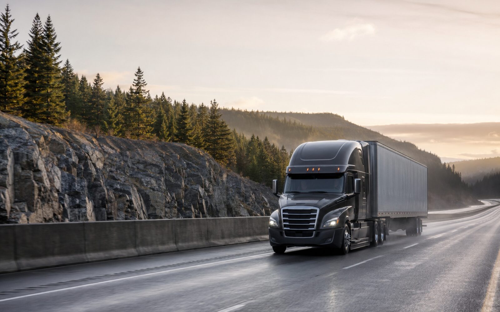 Brandless commercial highway tractor and trailer on a Canadian route