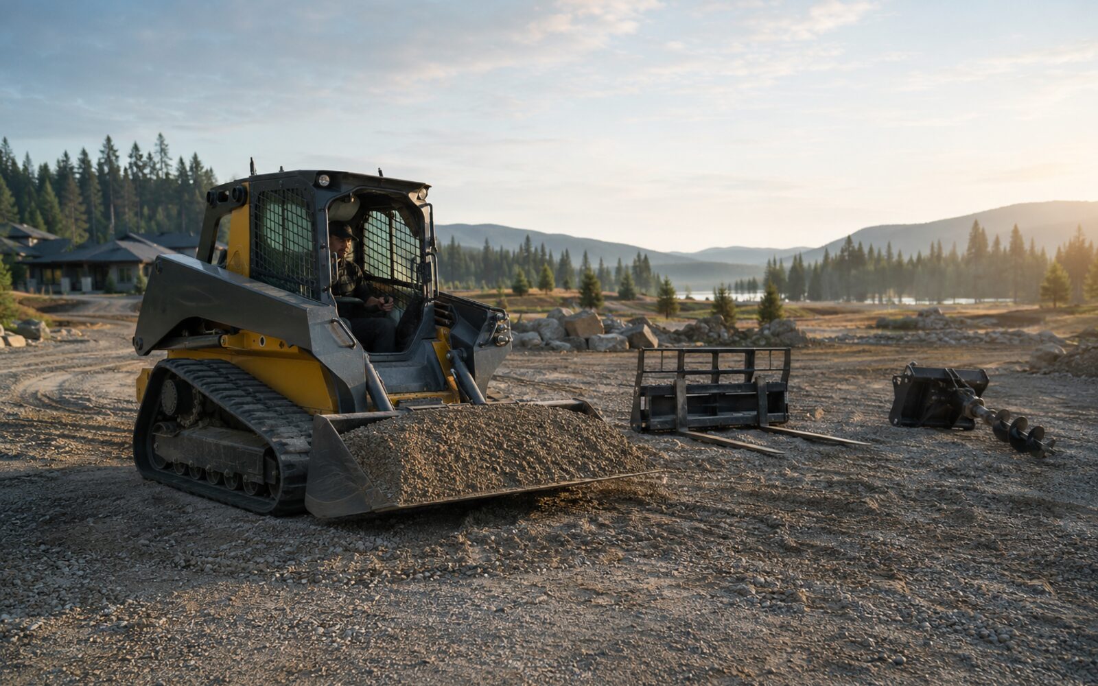 Compact track loader with commercial attachments at a jobsite