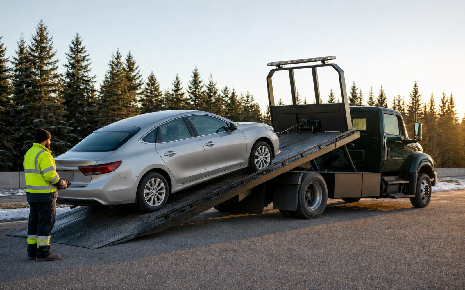 Rollback tow truck loading a vehicle in a safe commercial recovery operation