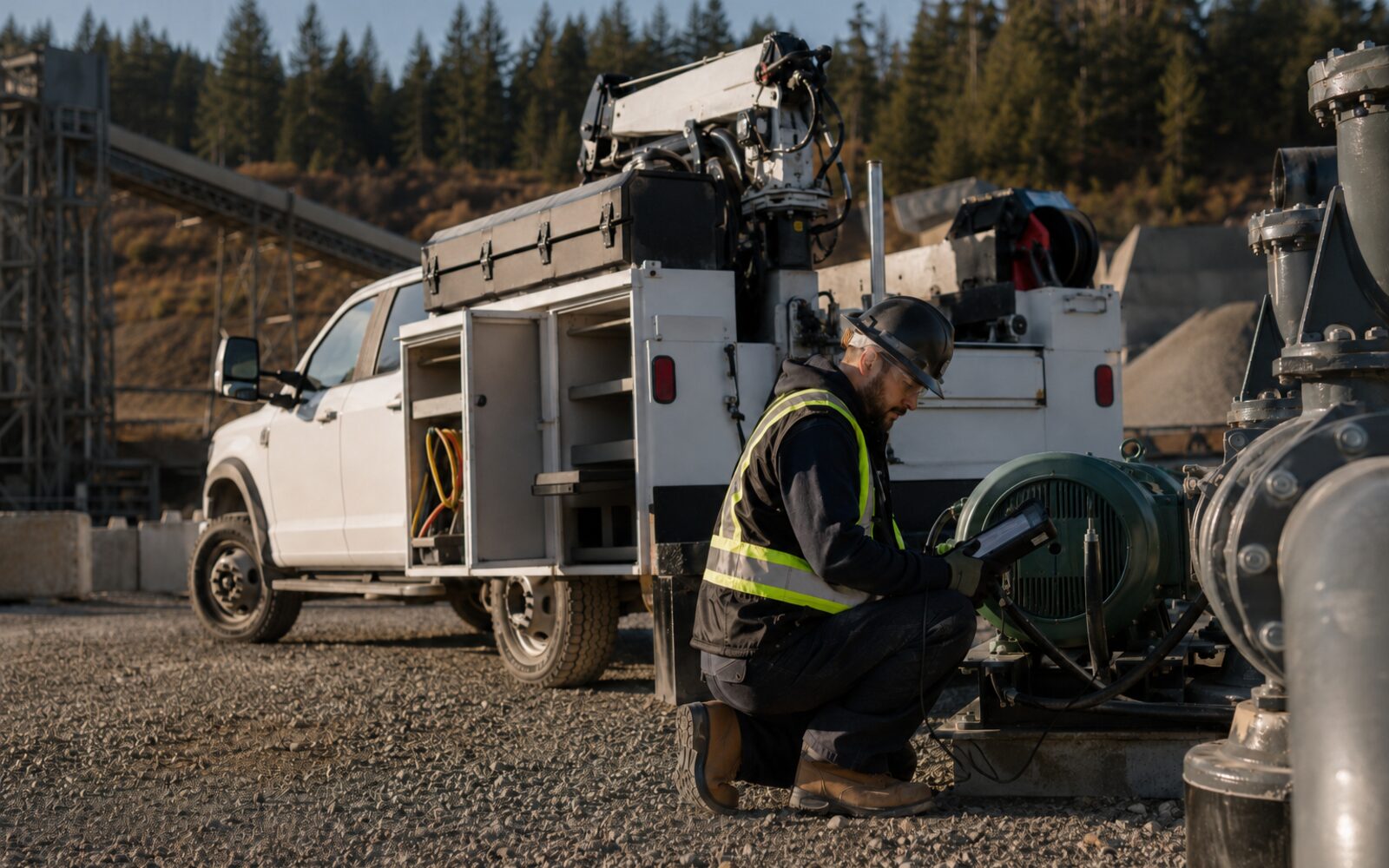 Field service technician working beside a fully equipped commercial service truck