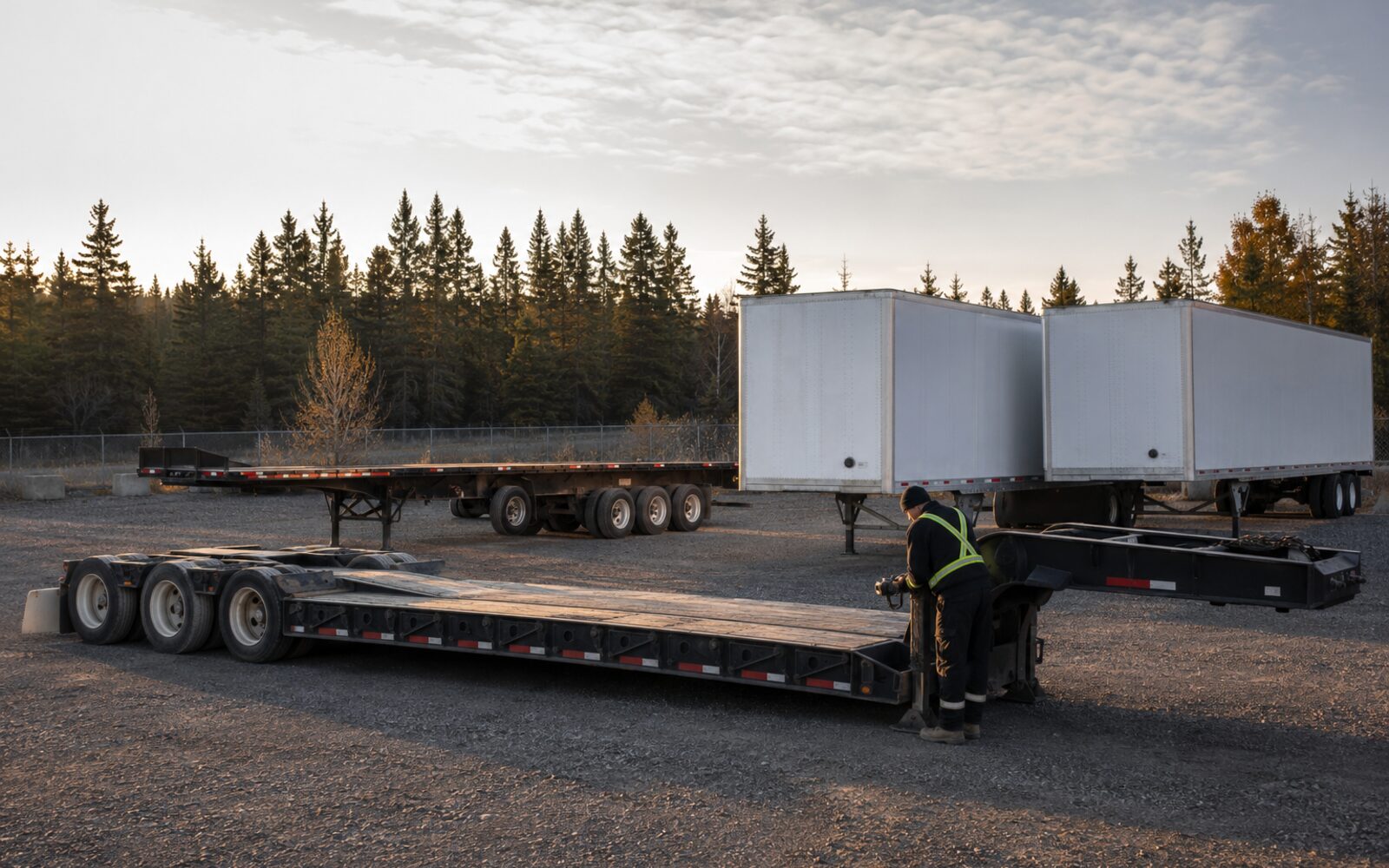 Commercial flatbed, lowboy and enclosed trailers in a fleet yard