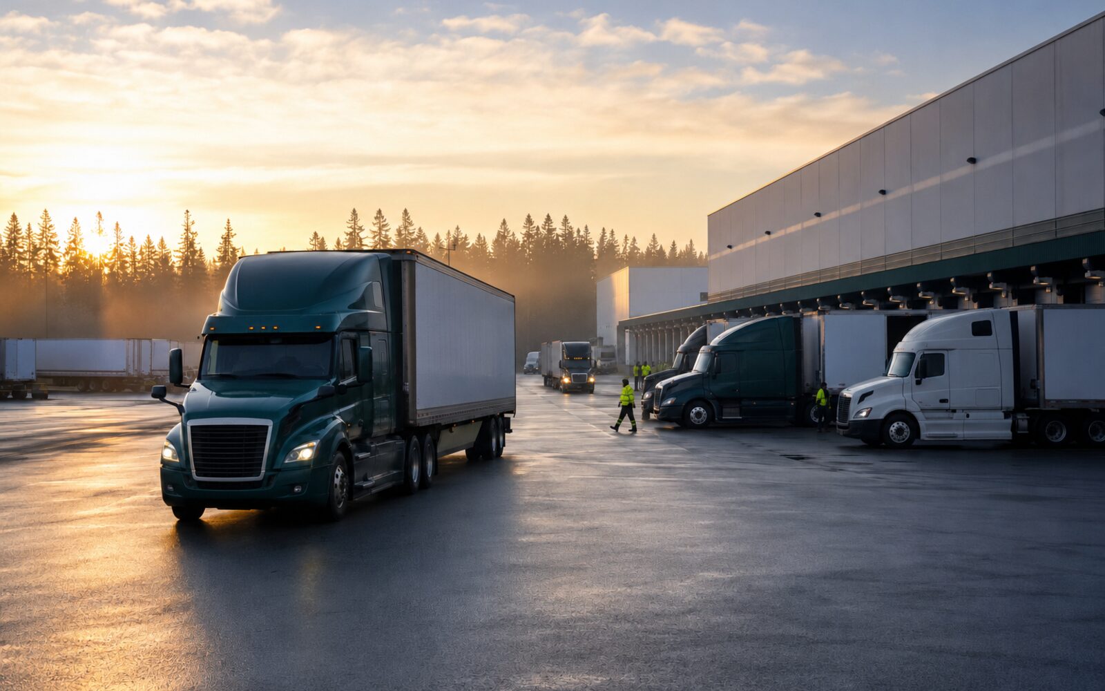 Commercial highway tractors and trailers in a Canadian logistics yard
