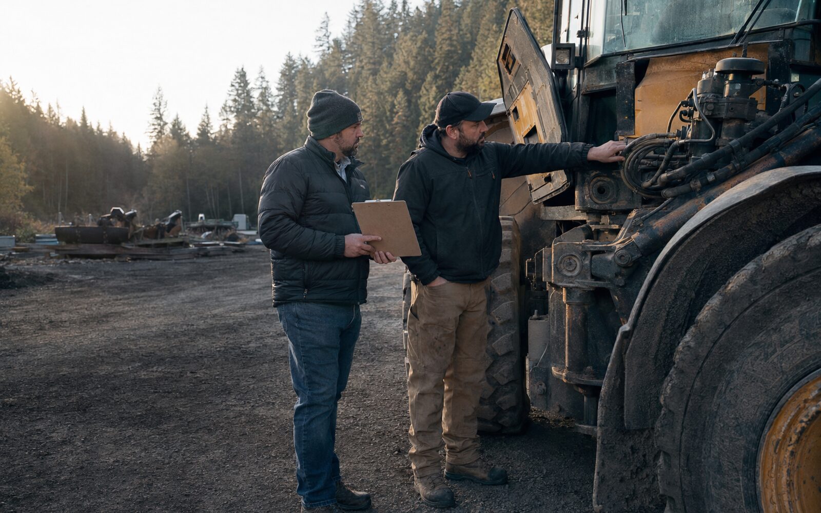 Business owner and equipment specialist inspecting a used commercial machine