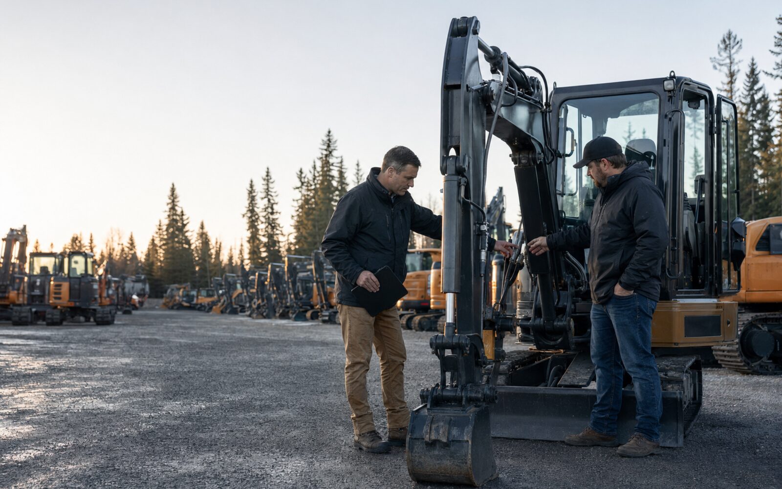 Equipment dealer and business customer reviewing a commercial machine