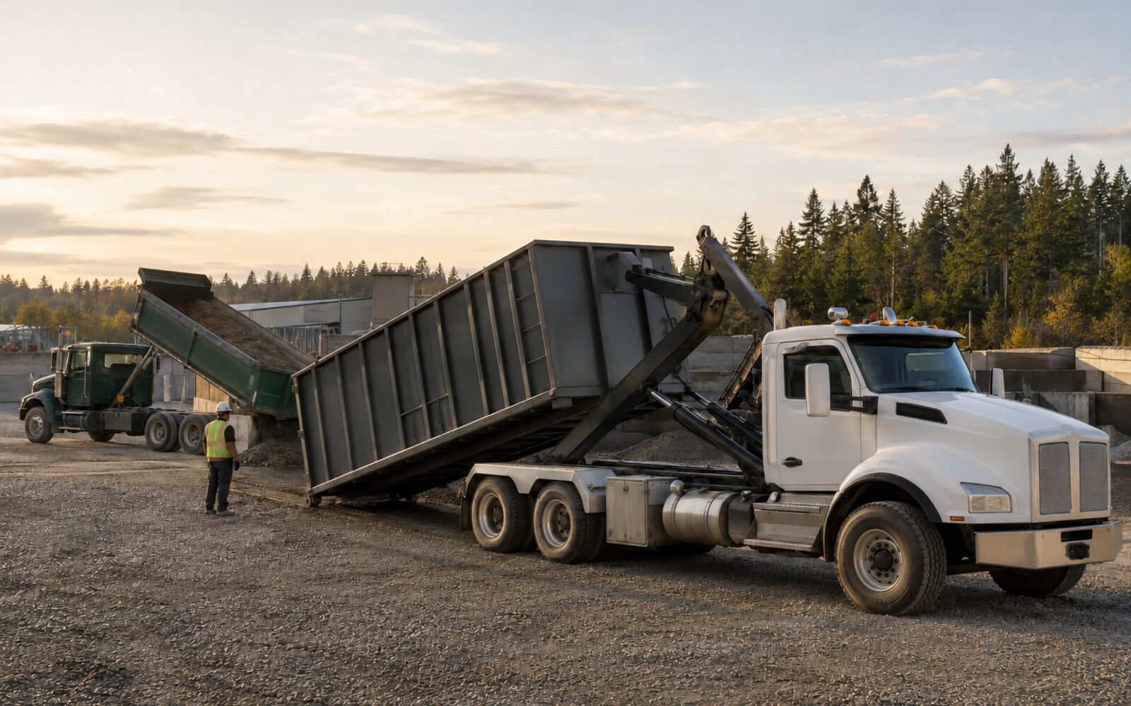 Commercial dump and roll-off vocational trucks working at an industrial site
