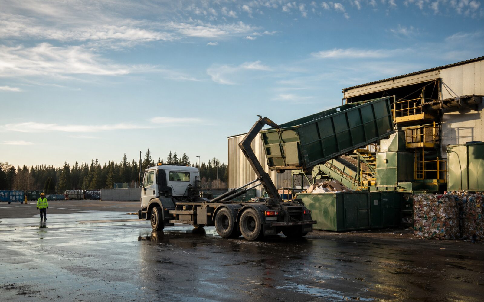 Roll-off truck, commercial bins and recycling equipment at a waste-management facility