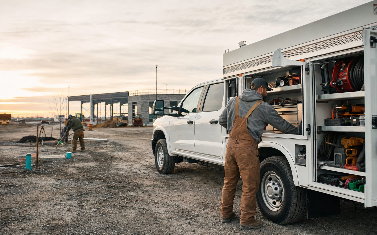 Commercial service-body work truck with tools at an active jobsite